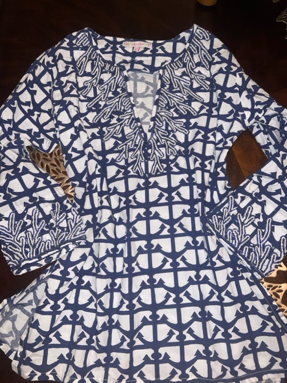 Barbara Gerwit 💯 linen Nautical Anchor Print with embellished top and sleeve